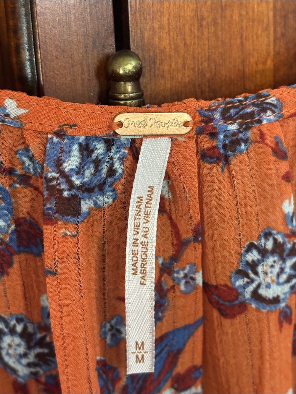 Free People Boho Ruched Front Smocked Back Long Sleeve Blouse, Rust Floral - Picture 9 of 11